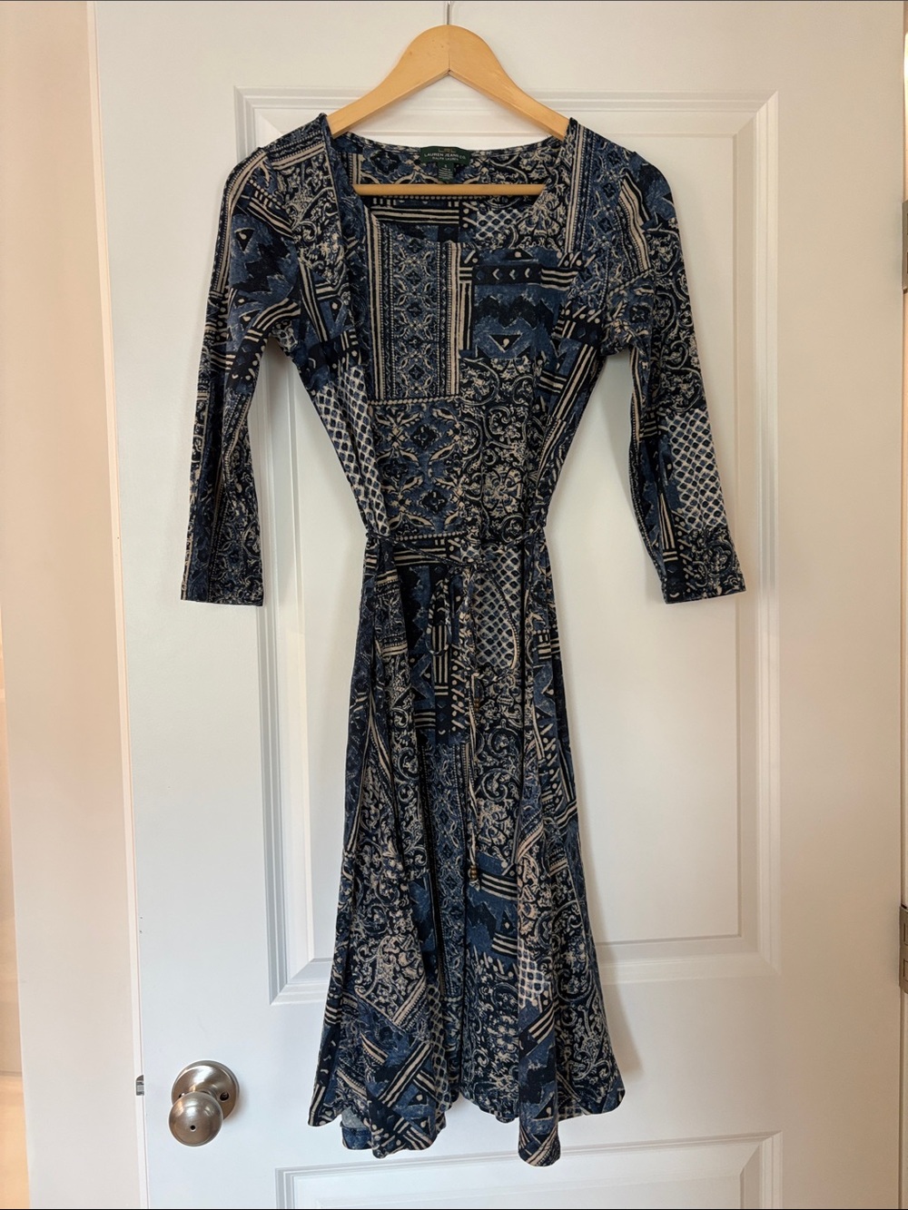 Lauren Ralph Lauren Navy and Cream Long Sleeve Printed Midi Dress